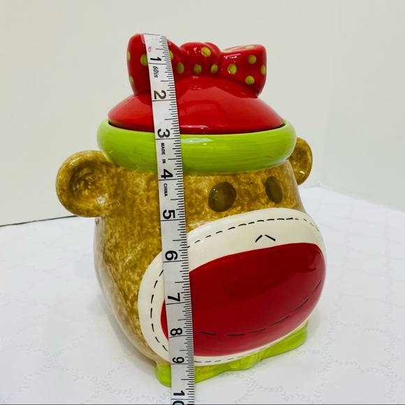 Girl Sock Monkey Ceramic Cookie Jar Real Home Earthenware Red Smiley Face. - Picture 4 of 13